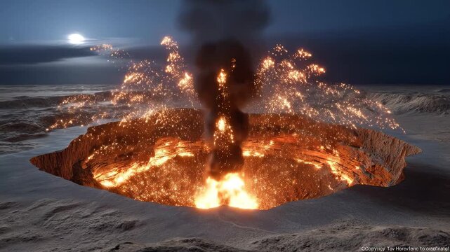 Darvaza Crater Gas Fire Erupting at Night.