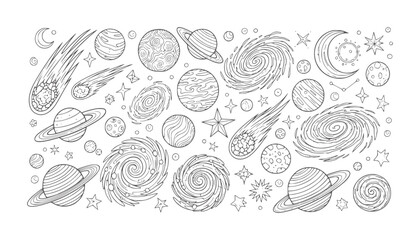Hand drawn doodle space planets galaxies comets stars and moon galaxy © Ali