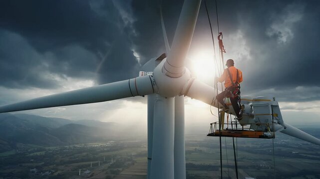 Wind Turbine Technician Performing Maintenance on a Blade, High Altitude Repair, Renewable Energy, Industrial Service.