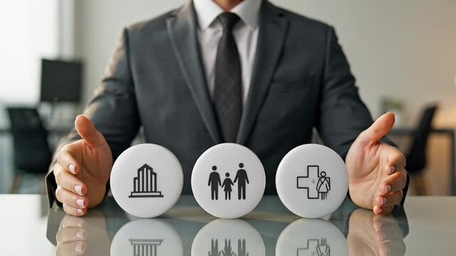 Business professional hands protecting three white spheres symbolizing insurance coverage for property, family, and health, representing comprehensive security and financial planning.