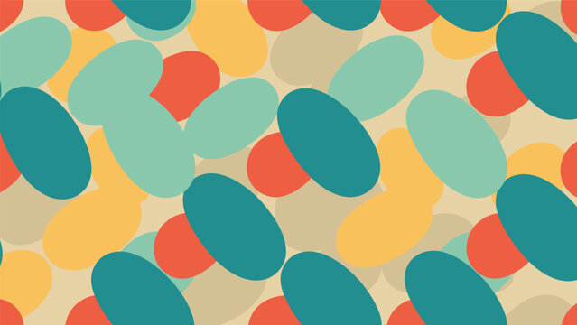 Abstract seamless pattern of overlapping soft oval shapes in teal, orange, and beige colors creating a modern retro visual texture.