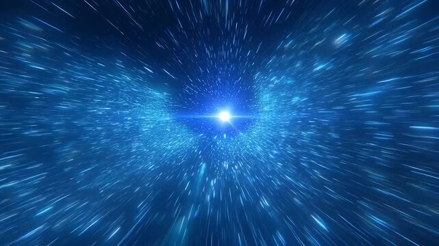Abstract depiction of hyperspace with radiant light trails against a blue background