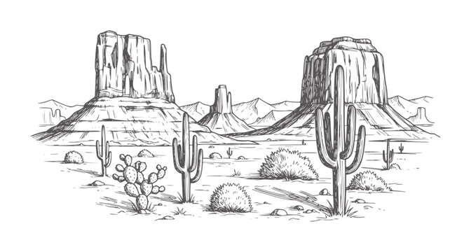 Monument Valley desert landscape with saguaro and prickly pear cacti mesa