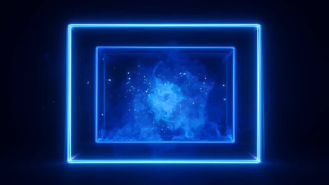Electric blue square frame with smoke and sparkles effect on black background