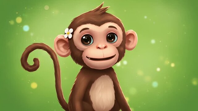 Cute cartoon monkey with a flower in its hair, smiling against a vibrant green background