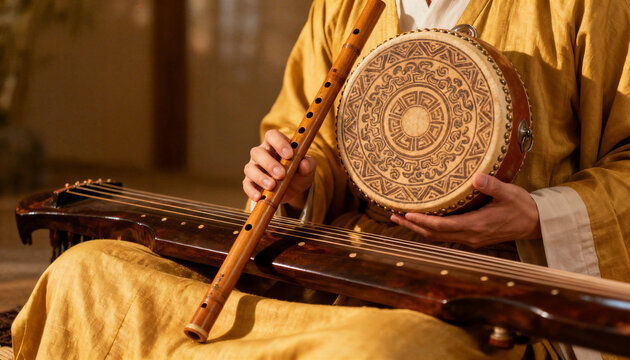 A musician in a traditional yellow robe playing a guqin and sheng in a serene indoor setting with cultural diversity portraits.