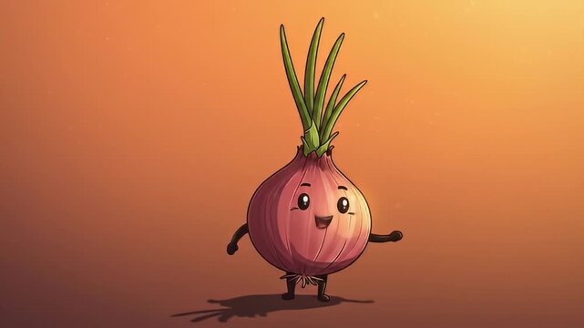 Cartoon onion character with green sprouts, smiling cheerfully against a warm gradient background