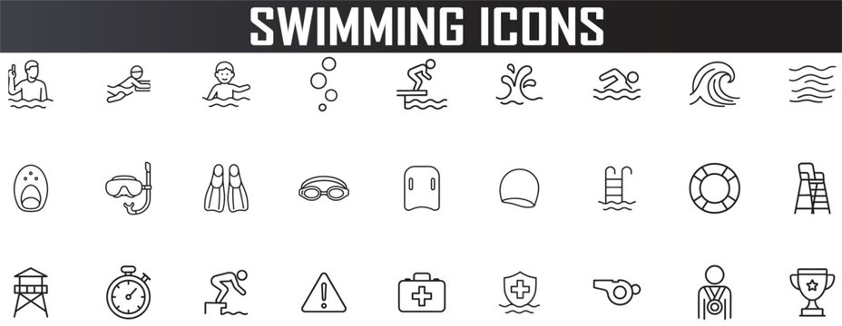 swimming and water sports icon set, minimal outline summer symbols