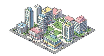 Isometric City Block with Buildings, Park, and Streets in Pixel Art Style