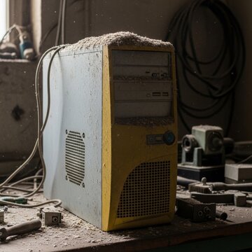 Old dusty computer tower on a workshop table