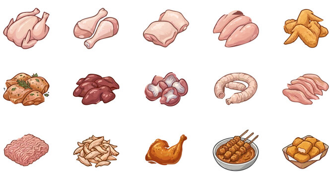 Collection of 15 Chicken Meat Icons Featuring Raw Cuts and Prepared Poultry Products