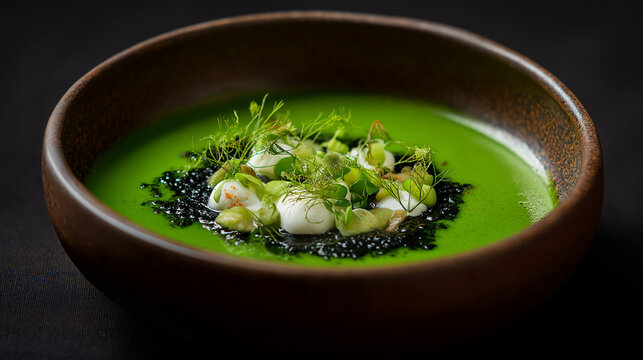 Michelin star dining, Deep green parsley velout&eacute; with smoked eel, apple brunoise, and horseradish cream. Bright, smoky, and elegant