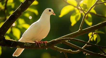 Obraz premium White dove perched on tree branch.