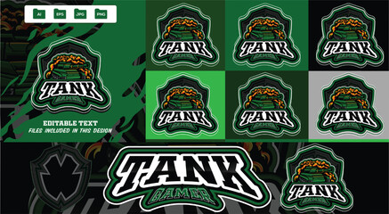 Powerful tank gamer e-sports sports mascot logo. Armored green military tank bursting with fiery orange fire and dynamic shield, editable vector for e-sports, war games & branding. © Graphic Design