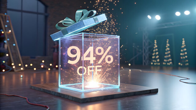 Holographic transparent gift box with 94 percent off discount glowing in studio lighting