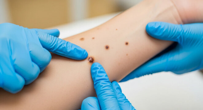 Dermatologist Examining Skin Moles and Birthmarks on Patient's Arm