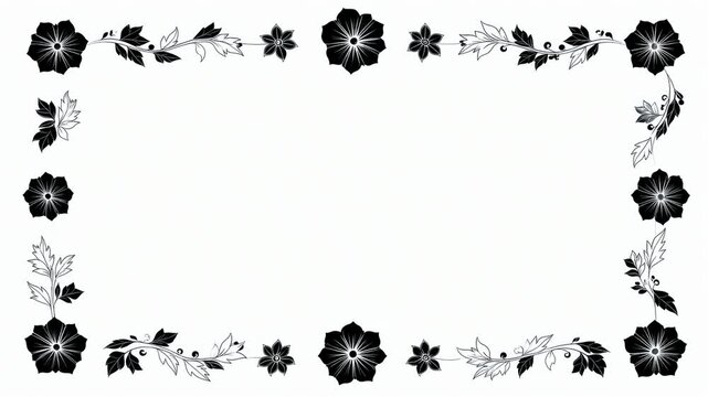 Elegant floral frame with stylized flowers, leaves and branches in black and white
