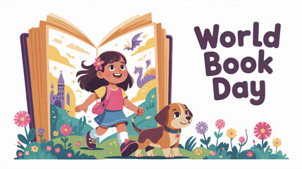Fototapeta premium A young girl and her dog celebrate world book day with an open book in a colorful garden