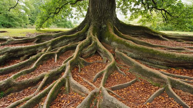 Ancient Banyan Tree Root System Close-Up, Lush Tropical Forest Floor, Detailed Root Structure, Nature's Network.