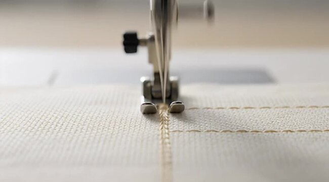 Detailed view of a sewing machine needle stitching beige fabric precisely