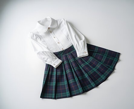 Children's School Uniform Skirt and Blouse Set, White Peter Pan Collar Blouse with Plaid Pleated Skirt