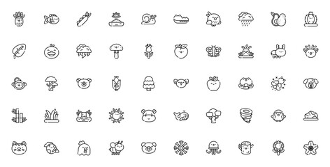 Nature and animals icon set. Vector illustration pack featuring pineapple, fish, peas, island, snail, crocodile, bird, rain, avocado, cactus, leaf, duck and more. © wang