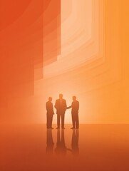 Three figures stand in front of colorful waves and shake hands, representing a moment of agreement in diplomacy.