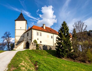 Sunny day view of a stately old building on a hillside, with a tower and a road leading to the entrance