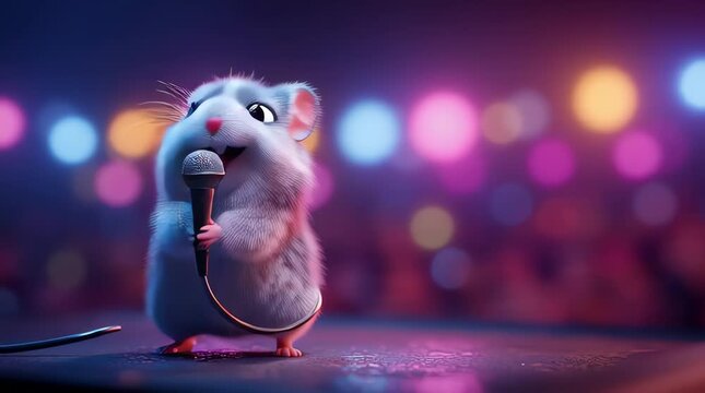 A tiny hamster holding a microphone and singing on a small stage, colorful stage lights shining behind it, energetic performance, mouth open while singing, adorable and funny scene