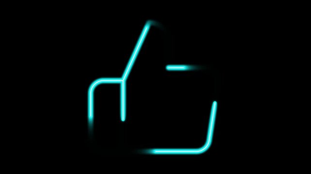 Neon blue thumbs up like button animation on black screen. 4K Video