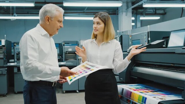 Printing Industry Professionals Reviewing Color Swatch Near Industrial Production Machine in Modern Factory Setting