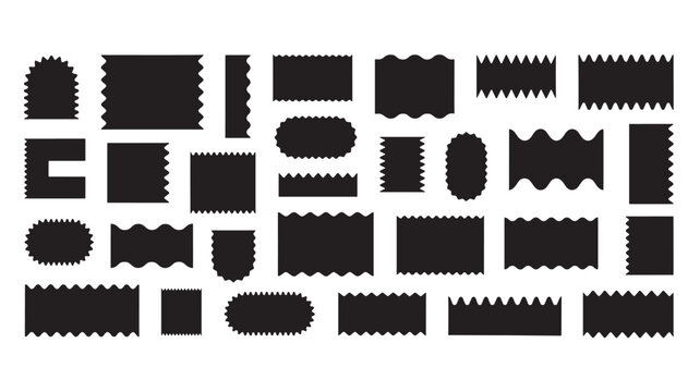 Shapes with wavy and zig-zag edges in a black silhouette collection on a white background, diverse decorative borders and frames.