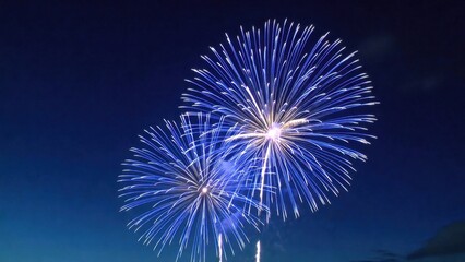 Vibrant blue fireworks burst against a deep night sky