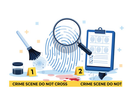 Crime scene investigation tools with fingerprint magnifying glass and evidence markers