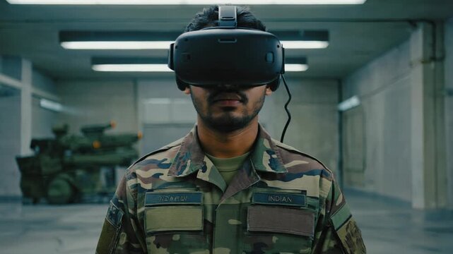 Intense US Army Soldier in Camouflage Uniform, Ready for Deployment, Standing in Military Barracks with Equipment.