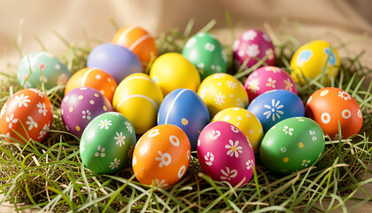 Fototapeta premium Wicker Basket of Colorful Easter Eggs 
