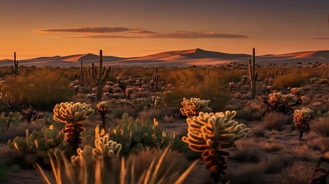 Serene desert landscape at sunset with cacti and distant mountains under a colorful sky