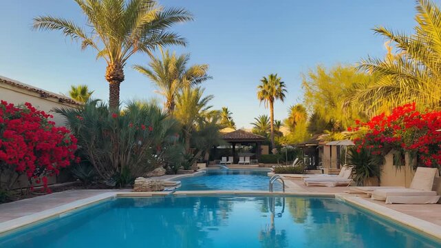 Luxurious Resort Poolside Oasis with Sun Lounges and Palm Trees - Tranquil Relaxation and Vacation Lifestyle.