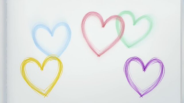 Abstract colorful heart drawings on a white surface with artistic flair