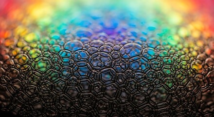 Fototapeta premium Close-up of colorful iridescent bubbles with rainbow reflections and textured surface.