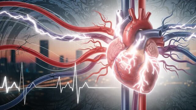 Human heart anatomy, high blood pressure disease, hypertension, arterial vascular tension, circulatory system strain, systolic diastolic pressure elevation, serious health condition, risk factor