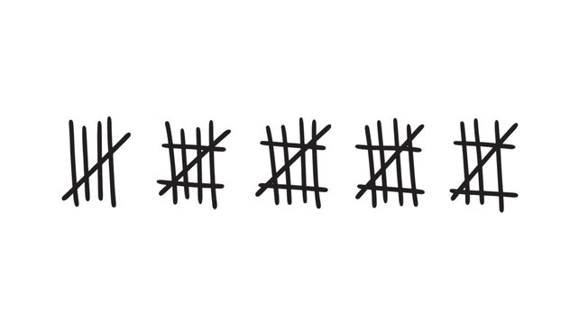 Tally marks counting system showing groups of five with a diagonal line through four vertical lines featuring number, calculation, data with record