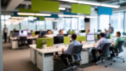 Obraz premium Blurred office space with workers at desks