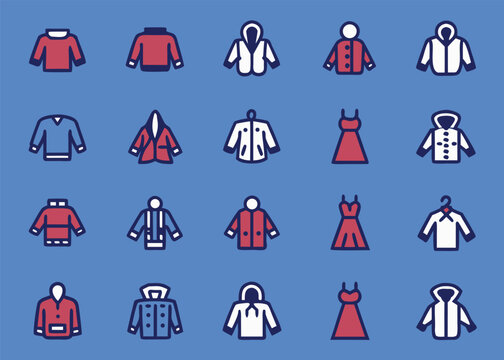 A grid of twenty clothing icons including red sweaters and white jackets with dark blue outlines is displayed against a solid blue background.