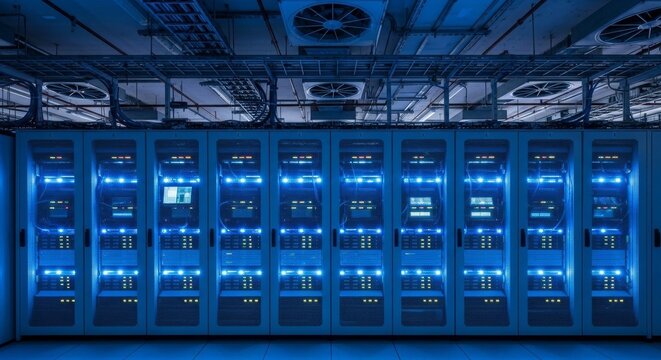 Rows of glowing blue servers in a modern data center