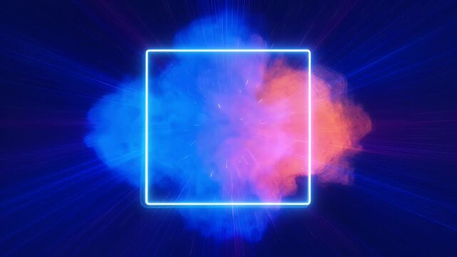 Vivid cosmic vapor cloud within a glowing neon blue square frame