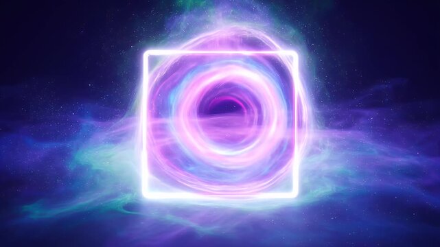 A cosmic square portal to another dimension amidst vibrant nebulous space