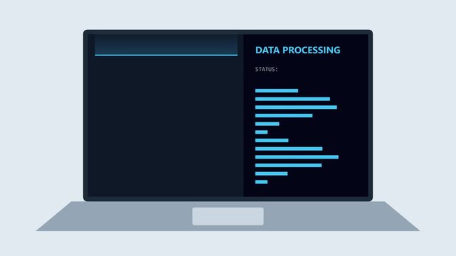 Laptop displaying data processing interface animation. 4K Video