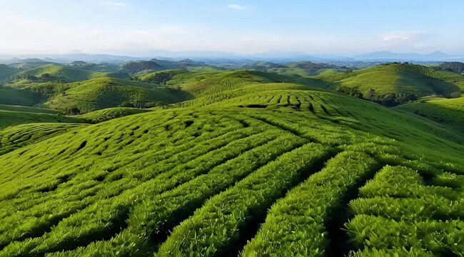 Lush Green Tea Plantation on Rolling Hills with Distant Mountain Views