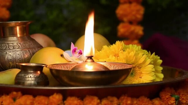 Vishu celebration in Kerala, India, featuring a beautifully arranged Vishukkani with golden kanikonna flowers, a lit oil lamp, fruits